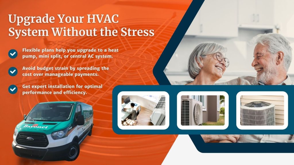 This is an image of an elderly couple laughing on a couch, overlaid are 3 images of AC units, Heaters and a Bayonet service van. The headline reads; Upgrade Your HVAC System Without the Stress.