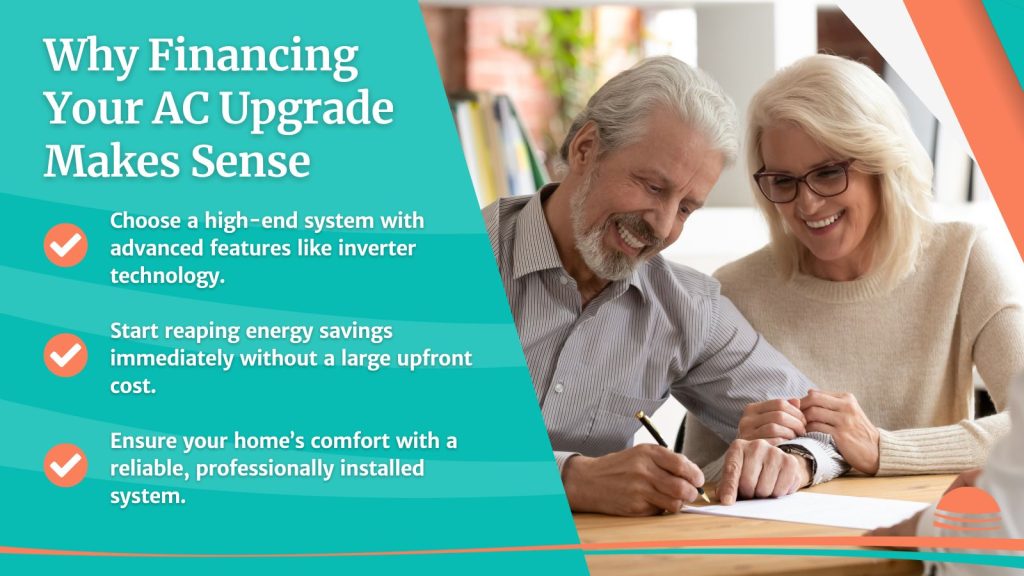 This is an image of an elderly couple signing a contract. The headline reads; Why Financing Your AC Upgrade Makes Sense.