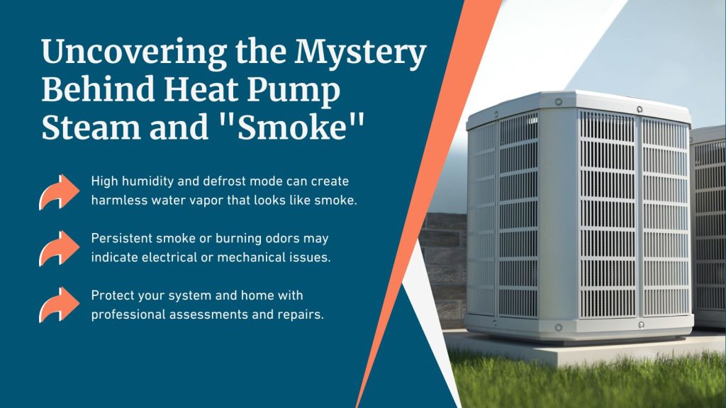 This is an image of a home heat pump. The headline reads; Uncovering the mystery behind heat pump steam and "smoke"