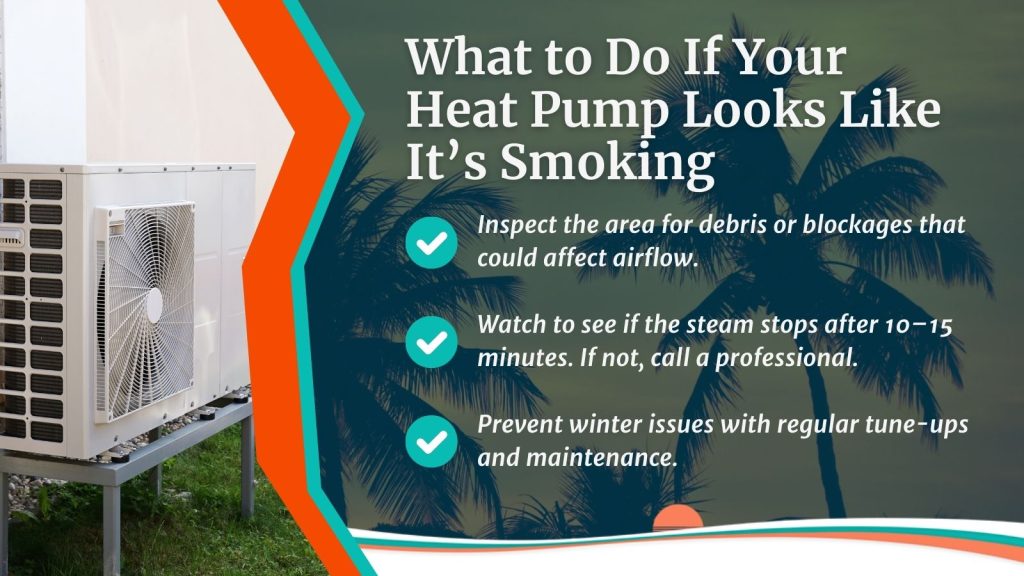 This is an image of a heat pump. The headline reads; What to do if your heat pump looks like it's smoking.