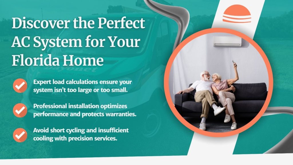 This image shows an older couple with a remote to control the air conditioning. The headline reads; Discover the perfect AC system for your Florida home.