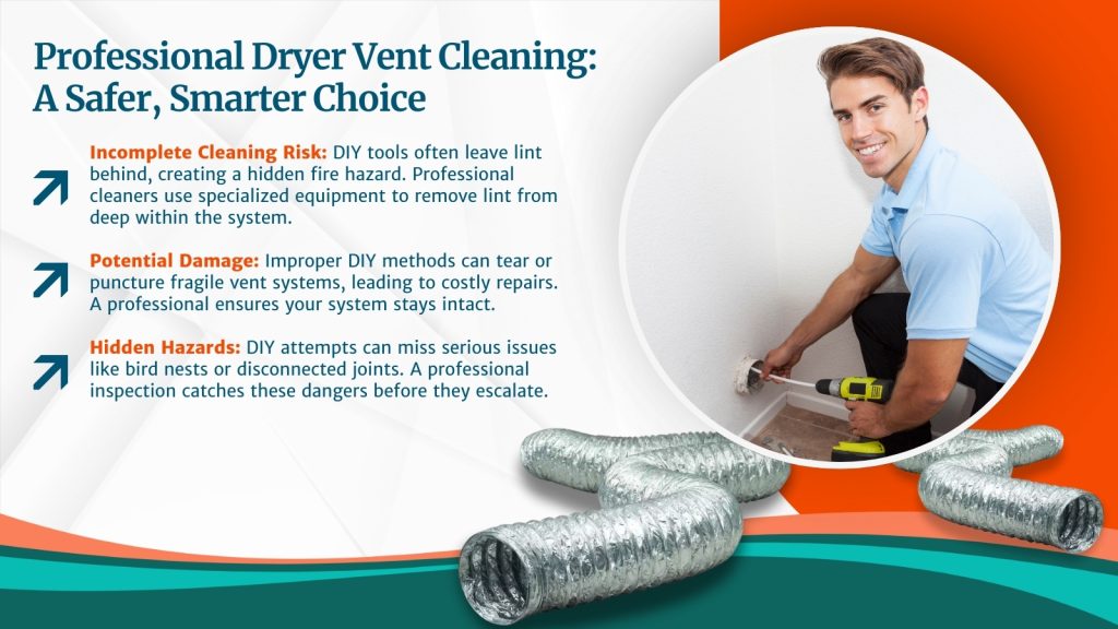 This is an image of an HVAC tech cleaning a dryer vent. The headline reads; Professional dryer vent cleaning: a safer, smarter choice.