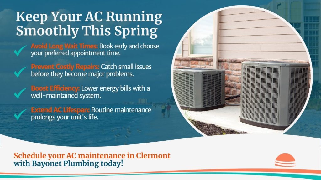 This is an image of two AC units on the side of a house. The headline reads keep your AC running smoothly this spring.