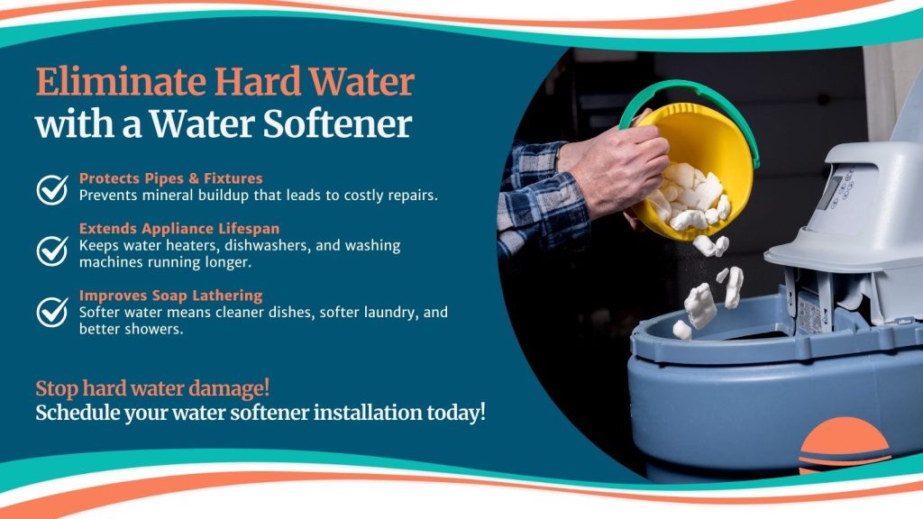 This is an image of a water softener being filled. The headline reads; Eliminate hard water with a water softener.