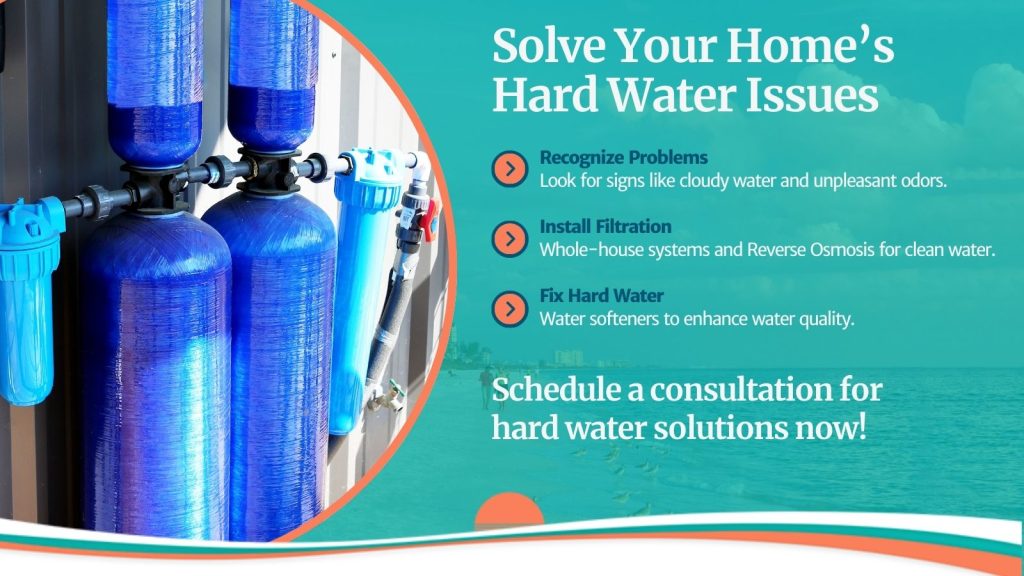 This is an image of a whole home water softener. The headline reads; Solve your home's hard water issues.