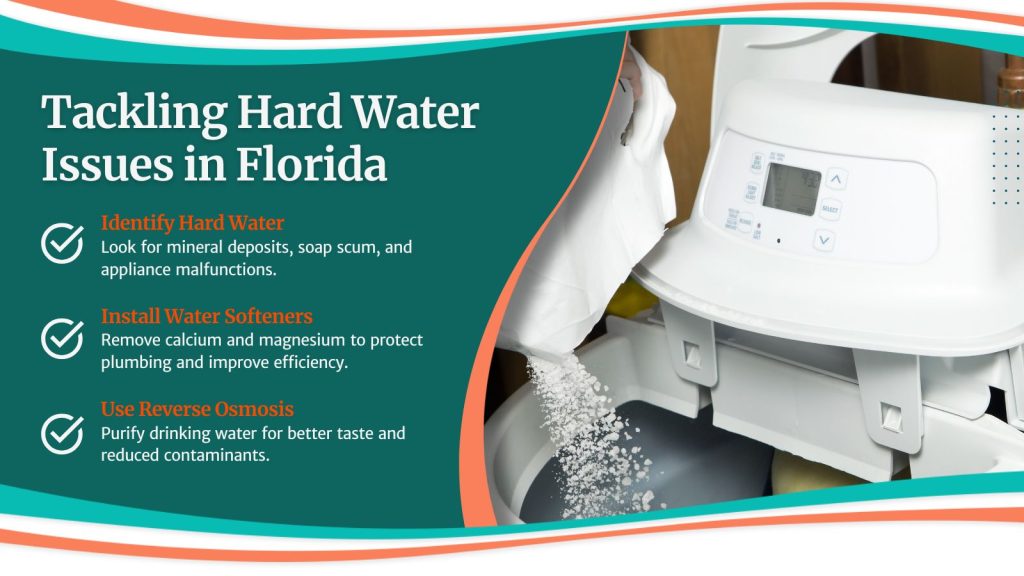 This is an image of a water softener being filled. The headline reads; Tackling hard water issues in Florida.