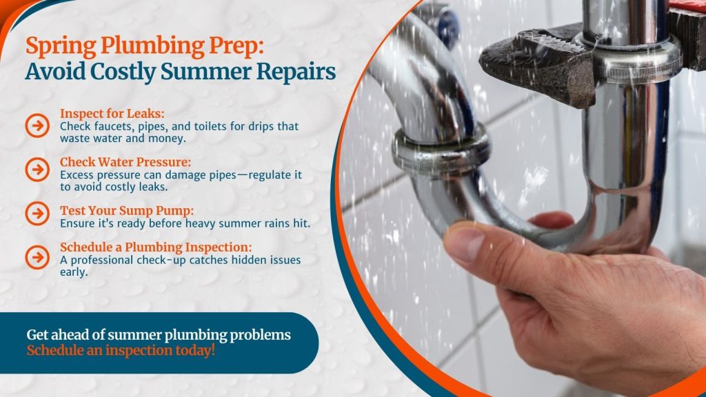 This is an image of a plumber, adjusting and fixing a leak on a sink. The headline reads spring plumbing prep: avoid costly summer repairs.