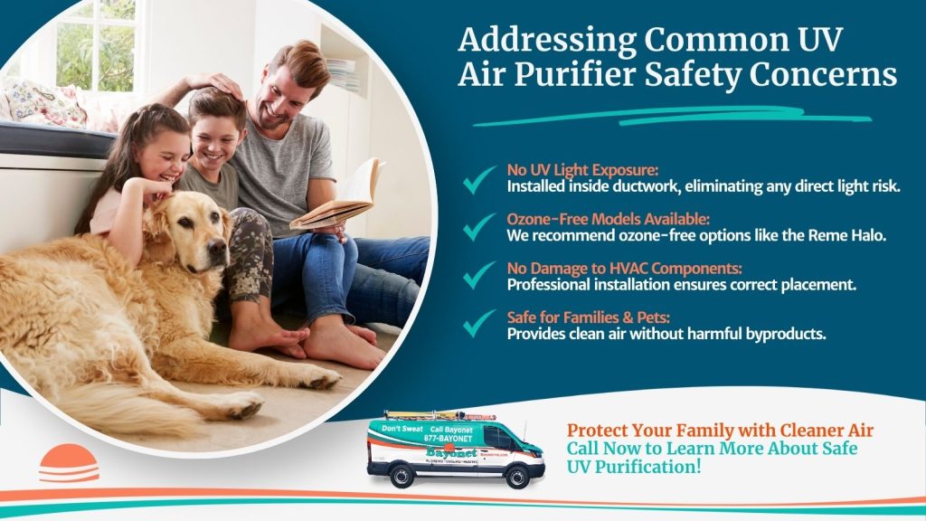 This is an image of a family and their pet enjoying their home. The headline reads; Addressing common UV air purifier safety concerns.