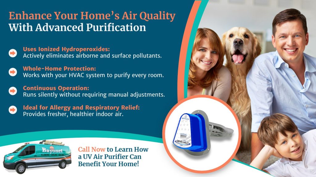 This is an image of a family with their dog overlaid is a Reme Halo. The headline reads, enhance your home air quality with advanced purification.