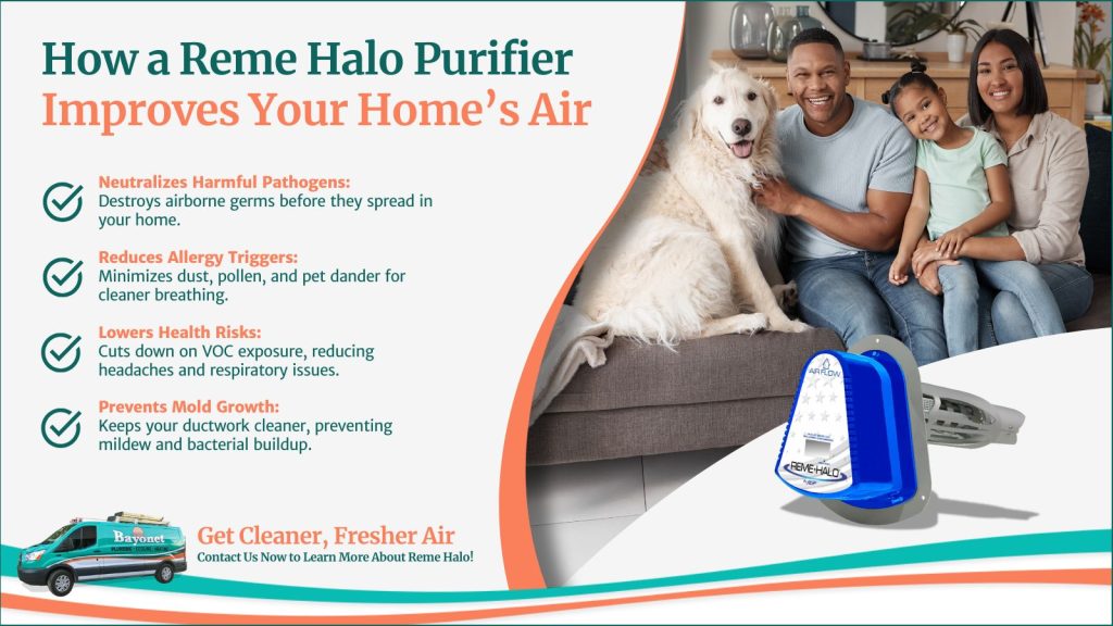 This is an image of a happy family at home with their dog overlay on top is a Reme Halo purifier. The headline reads how a Reme Halo purifier improves your homes air.